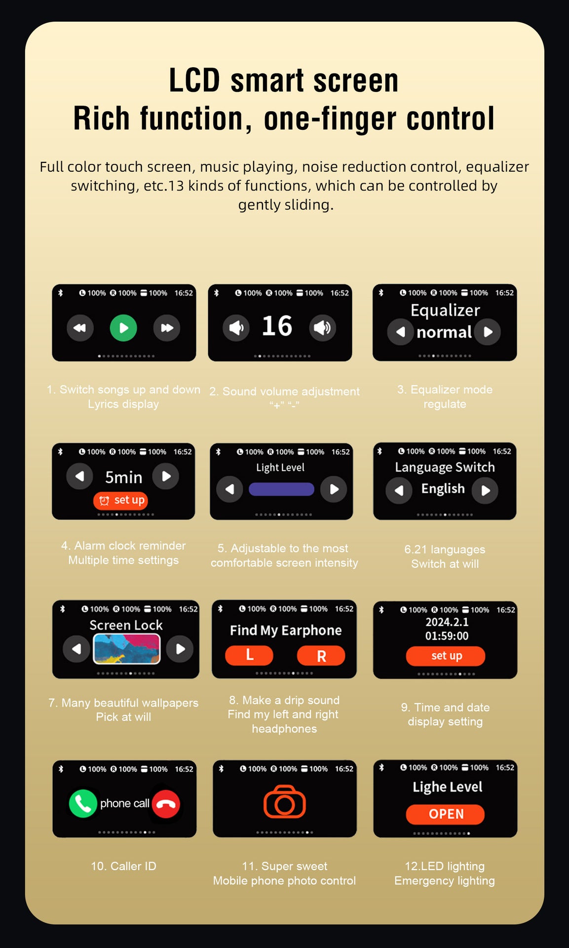 BOSECXT V11 Touch Screen Headphones ANC Bluetooth5.4 Noise Cancelling Earphones HiFi Sereo.