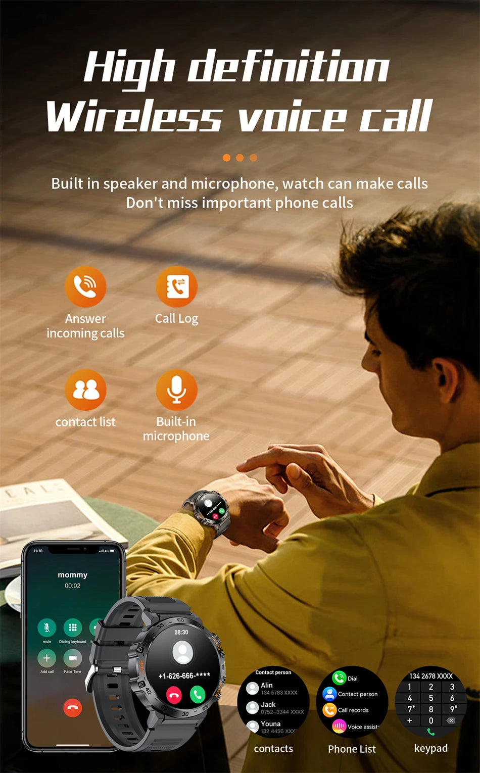 LIGE 2025 Smart Watch Men Sport Watches LED Flashlight Bluetooth Call.