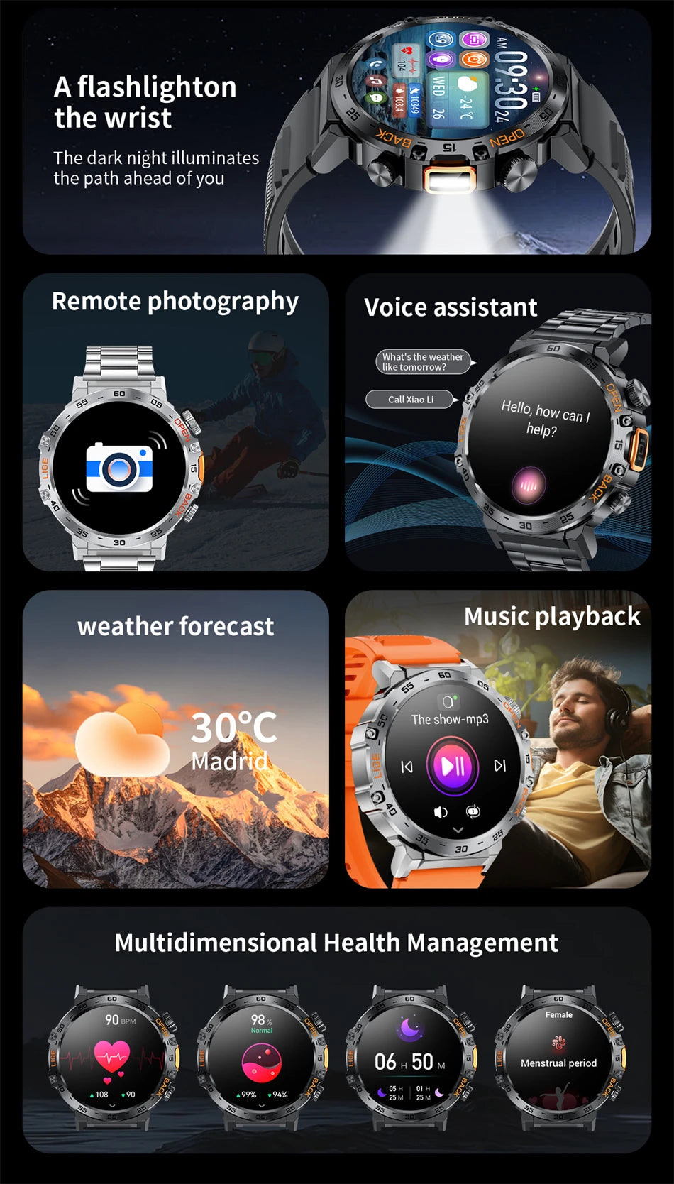 LIGE 2025 Smart Watch Men Sport Watches LED Flashlight Bluetooth Call.