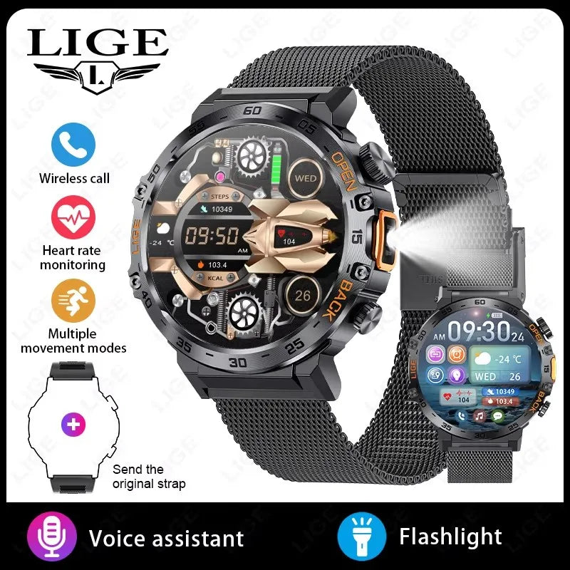 LIGE 2025 Smart Watch Men Sport Watches LED Flashlight Bluetooth Call.