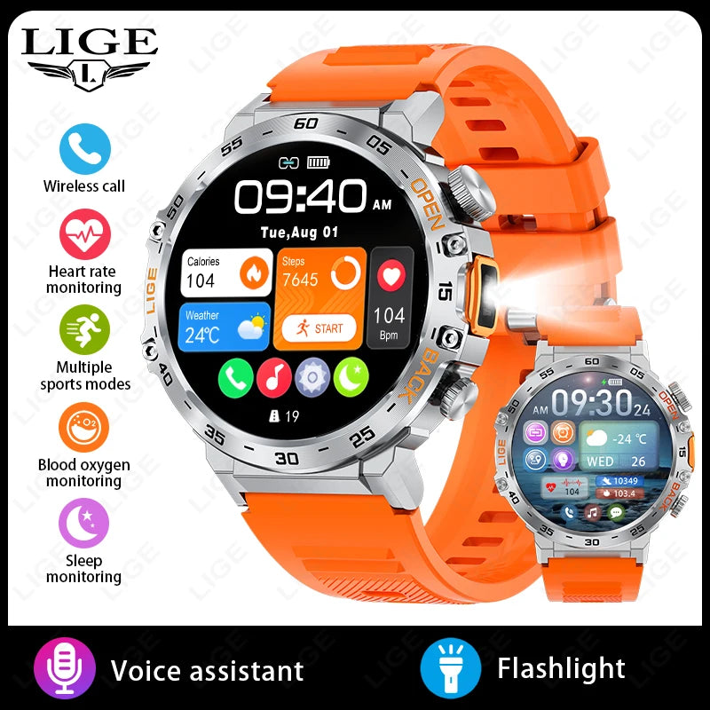 LIGE 2025 Smart Watch Men Sport Watches LED Flashlight Bluetooth Call.