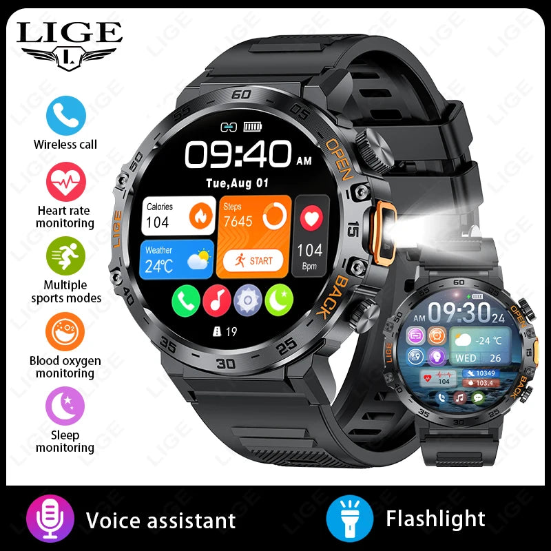 LIGE 2025 Smart Watch Men Sport Watches LED Flashlight Bluetooth Call.
