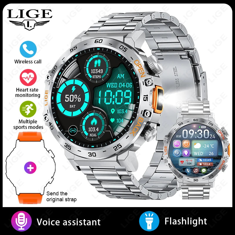 LIGE 2025 Smart Watch Men Sport Watches LED Flashlight Bluetooth Call.
