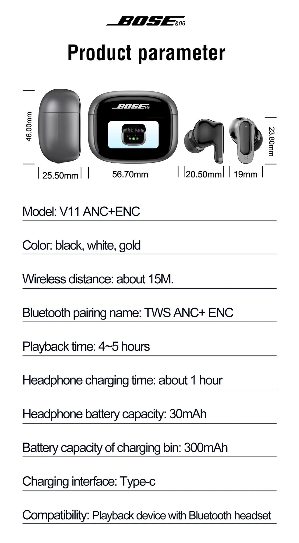 BOSECXT V11 Touch Screen Headphones ANC Bluetooth5.4 Noise Cancelling Earphones HiFi Sereo.