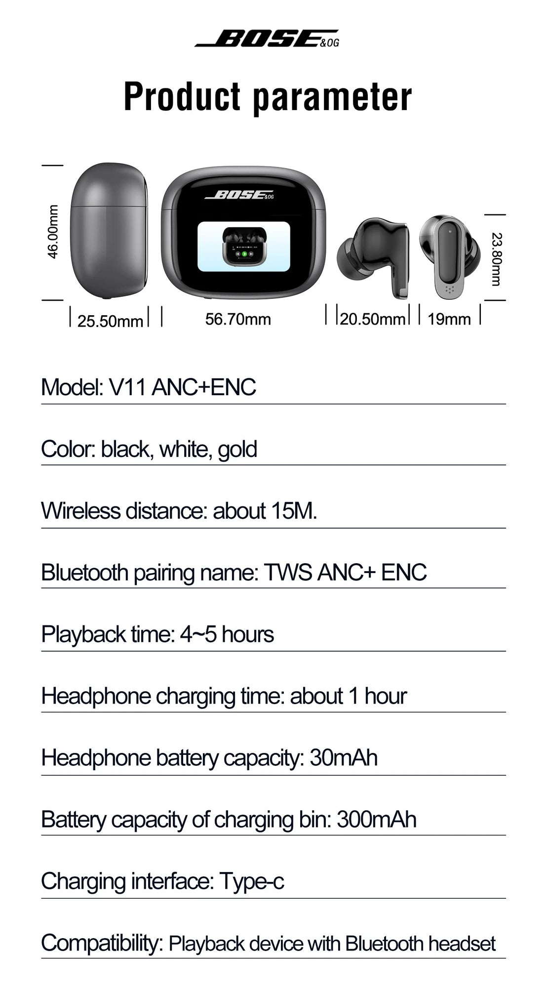 BOSECXT V11 Touch Screen Headphones ANC Bluetooth5.4 Noise Cancelling Earphones HiFi Sereo.