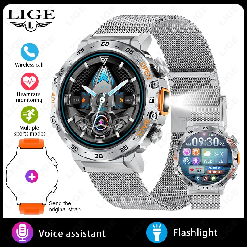 LIGE 2025 Smart Watch Men Sport Watches LED Flashlight Bluetooth Call.