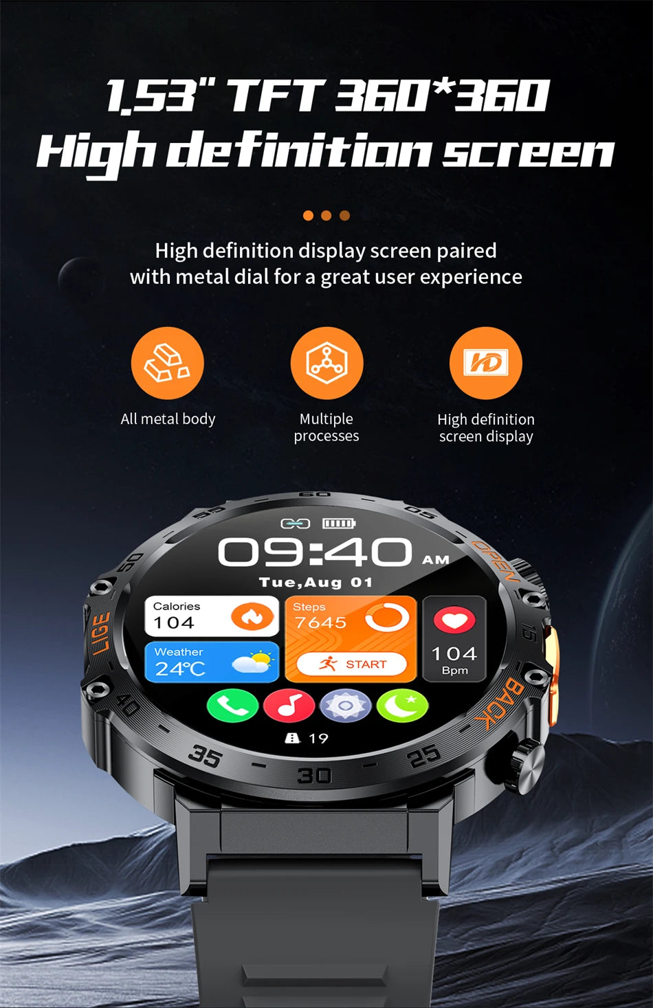 LIGE 2025 Smart Watch Men Sport Watches LED Flashlight Bluetooth Call.