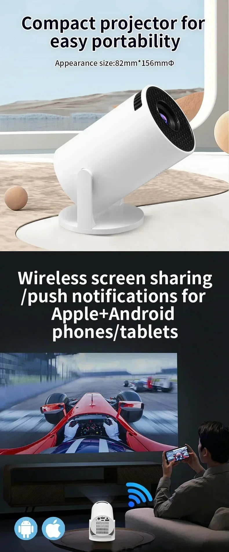 Mini 4K Portable Projector | 270° Rotatable Wi-Fi/Bluetooth | Wireless HDMI | Home Theater Outdoor Movie Night