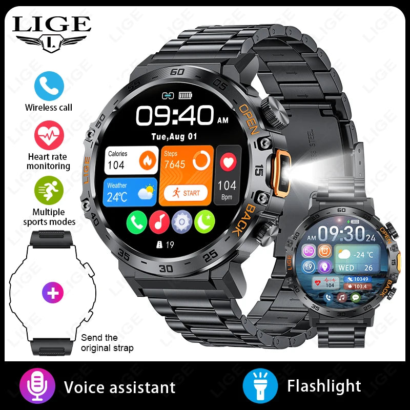 LIGE 2025 Smart Watch Men Sport Watches LED Flashlight Bluetooth Call.