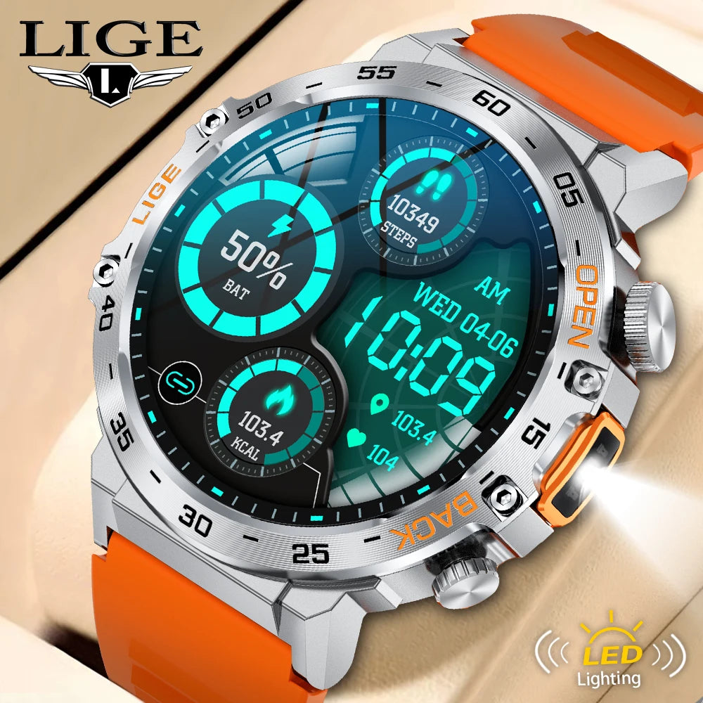 LIGE 2025 Smart Watch Men Sport Watches LED Flashlight Bluetooth Call.